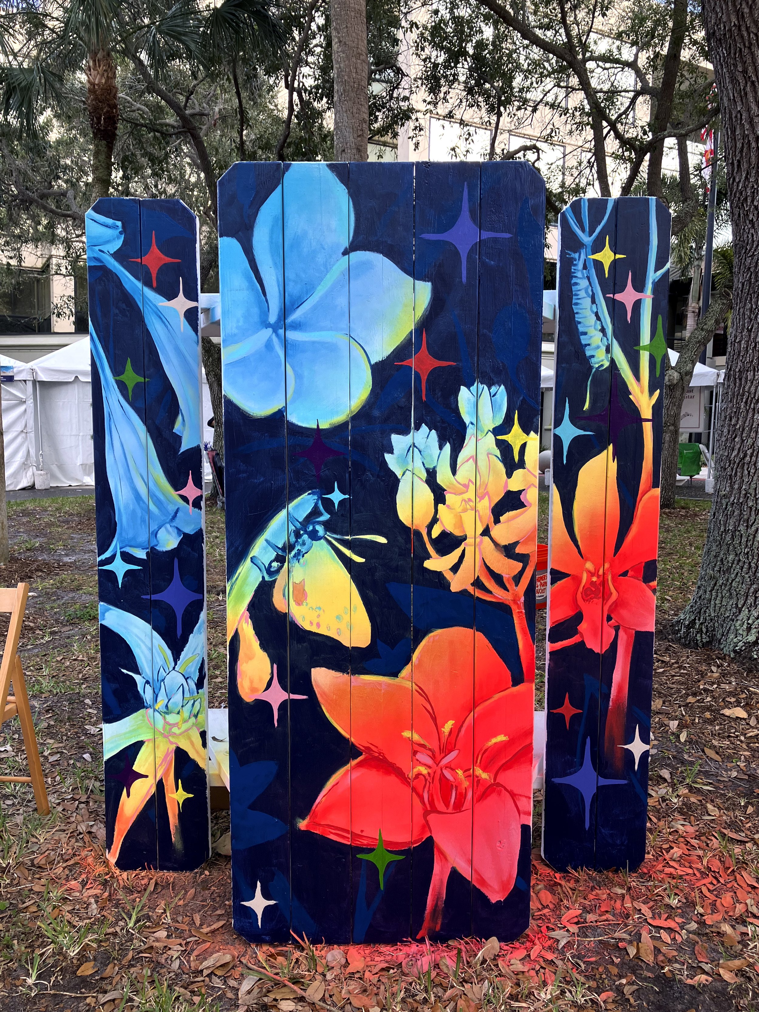   Flora And Pollinators  acrylic, spray paint on wood picnic table. 2023    commissioned by Martin Arts for ArtsFest    