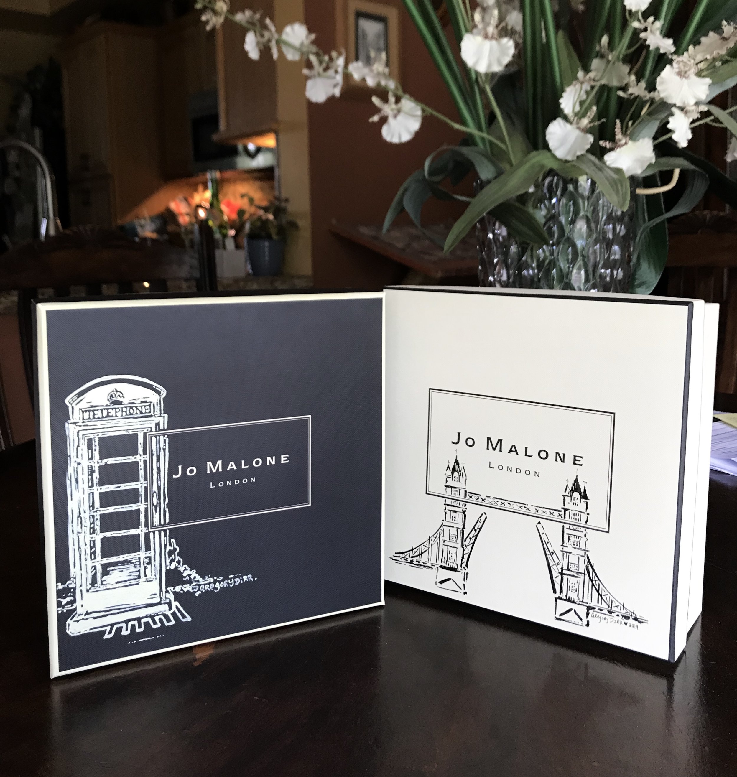   Jo Malone  acrylic, ink on paper boxes. 2019   commissioned by Jo Malone/Estée Lauder for in store live art  