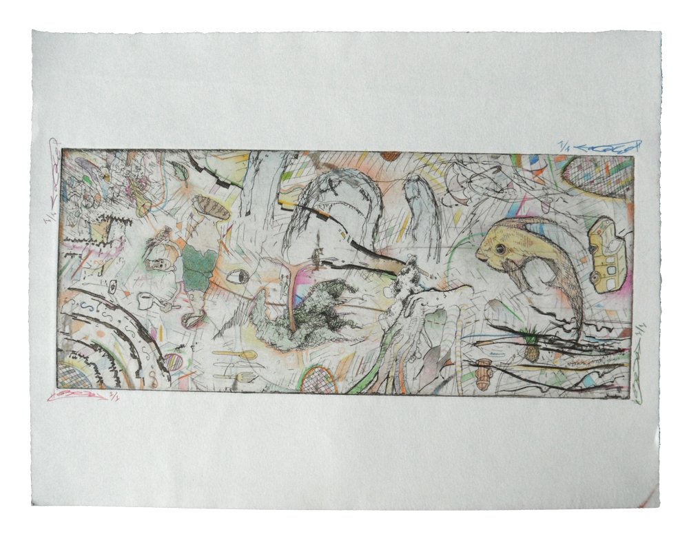   Panorama  line etching, color pencil on paper. 2008 