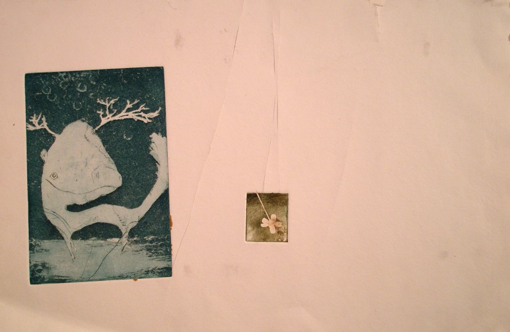   Reindeer  oil monotype, line etching, aquatint on paper. 2008  exhibited -  Bake House Art Complex during Impressed 2011  
