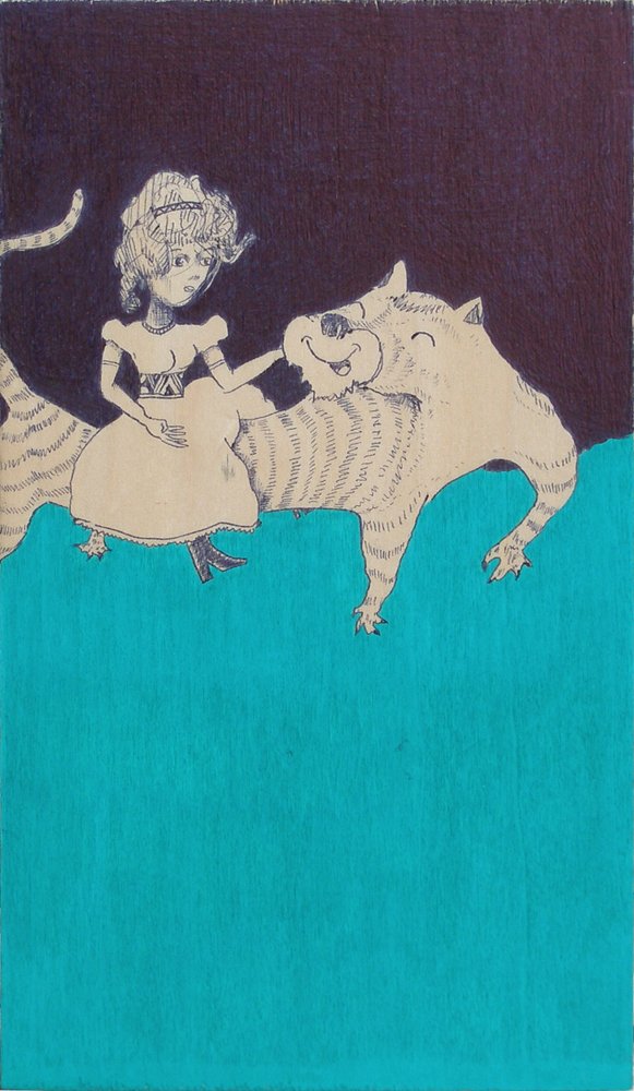   Riding The Tiger  ink, acrylic on wood. 2012    owned by Private Collector    exhibited -  Blue Nile during Yellow 2012  
