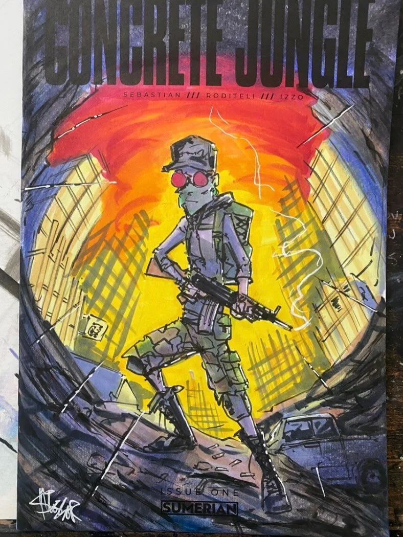 Finally got these custom sketch covers delivered so I can show them off here- just a little BAD OMENS: CONCRETE JUNGLE sketch variant I did for a couple o friends of mine&hellip; I turned them into wasteland wandering warriors🤘🏻I&rsquo;d like to do