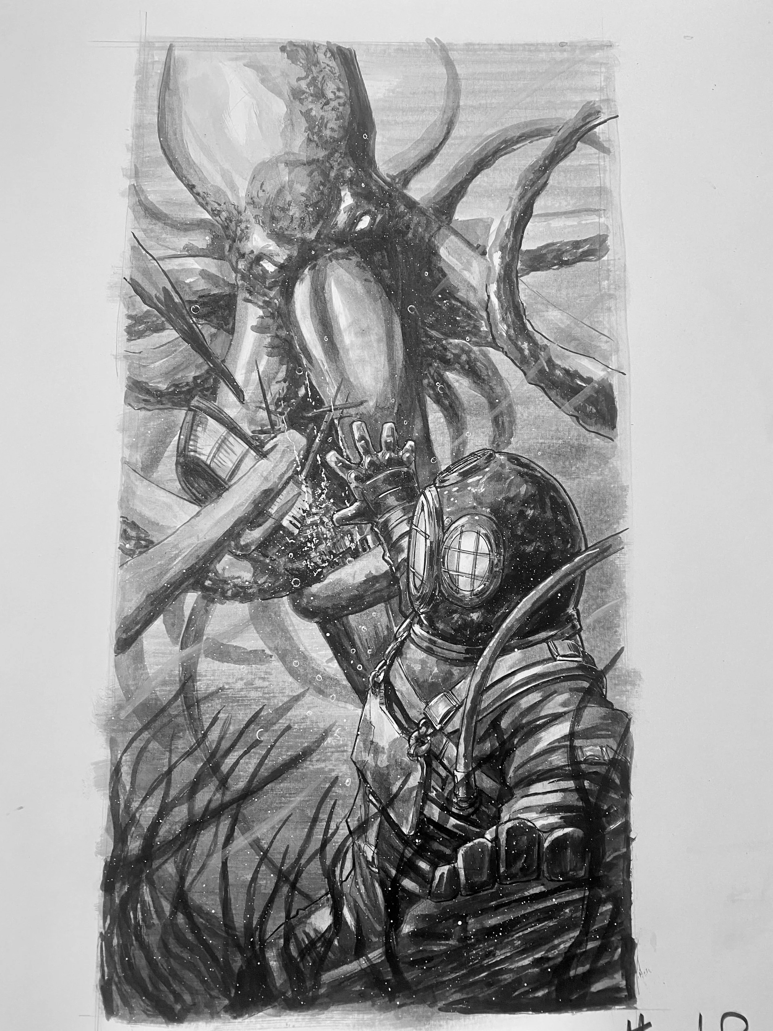 BEWARE THE KRAKEN. Ink wash/fine liners on 12x18 Bristol board. #krajen #lovecraft #ink #darkart #fantasyart