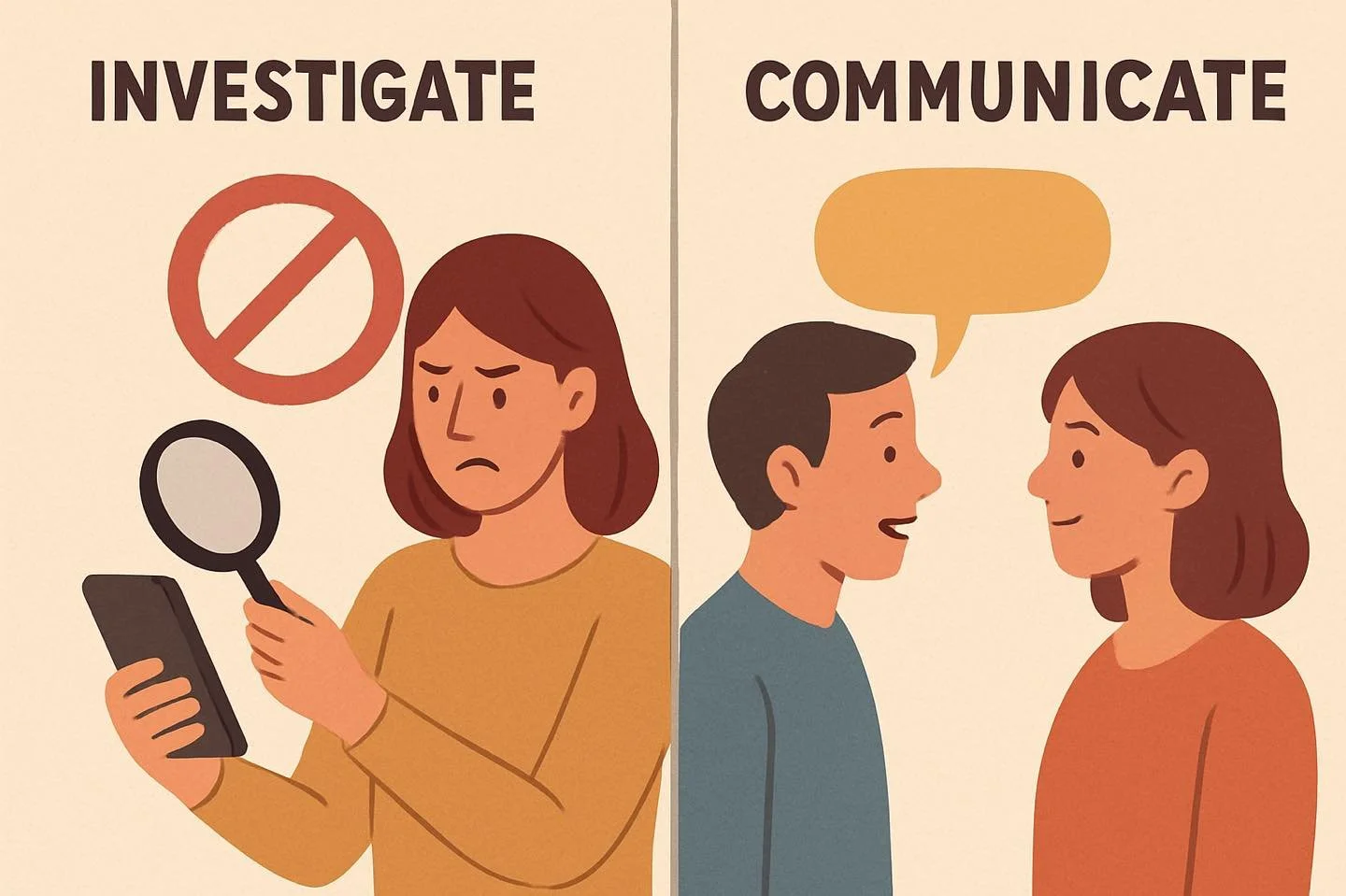 🗣️ Communicate Instead of Investigate 💬
In healthy relationships, curiosity should lead to connection—not control. When we investigate instead of communicate, we unknowingly break trust and cross emotional boundaries.
🚫 Investigating looks
