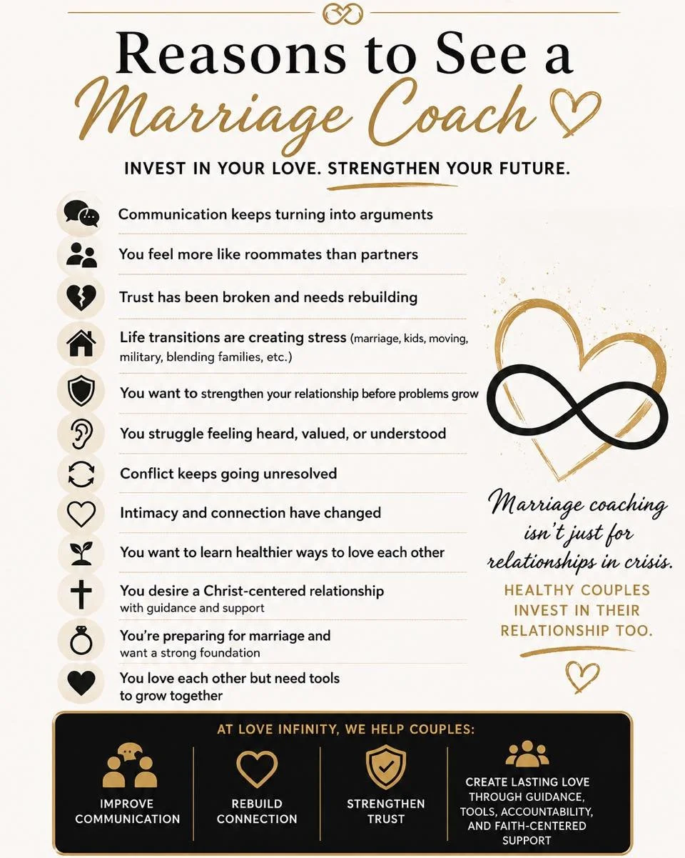Marriage coaching isn&rsquo;t just for relationships in crisis. Healthy couples invest in their relationship too. 💍

At Love Infinity, we help couples improve communication, rebuild connection, strengthen trust, and create lasting love through guida