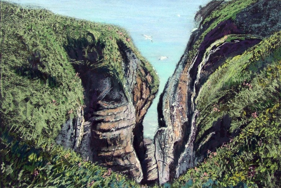 Bempton Cliffs with gannets, Yorks,  pastel Linda Nevill.jpg