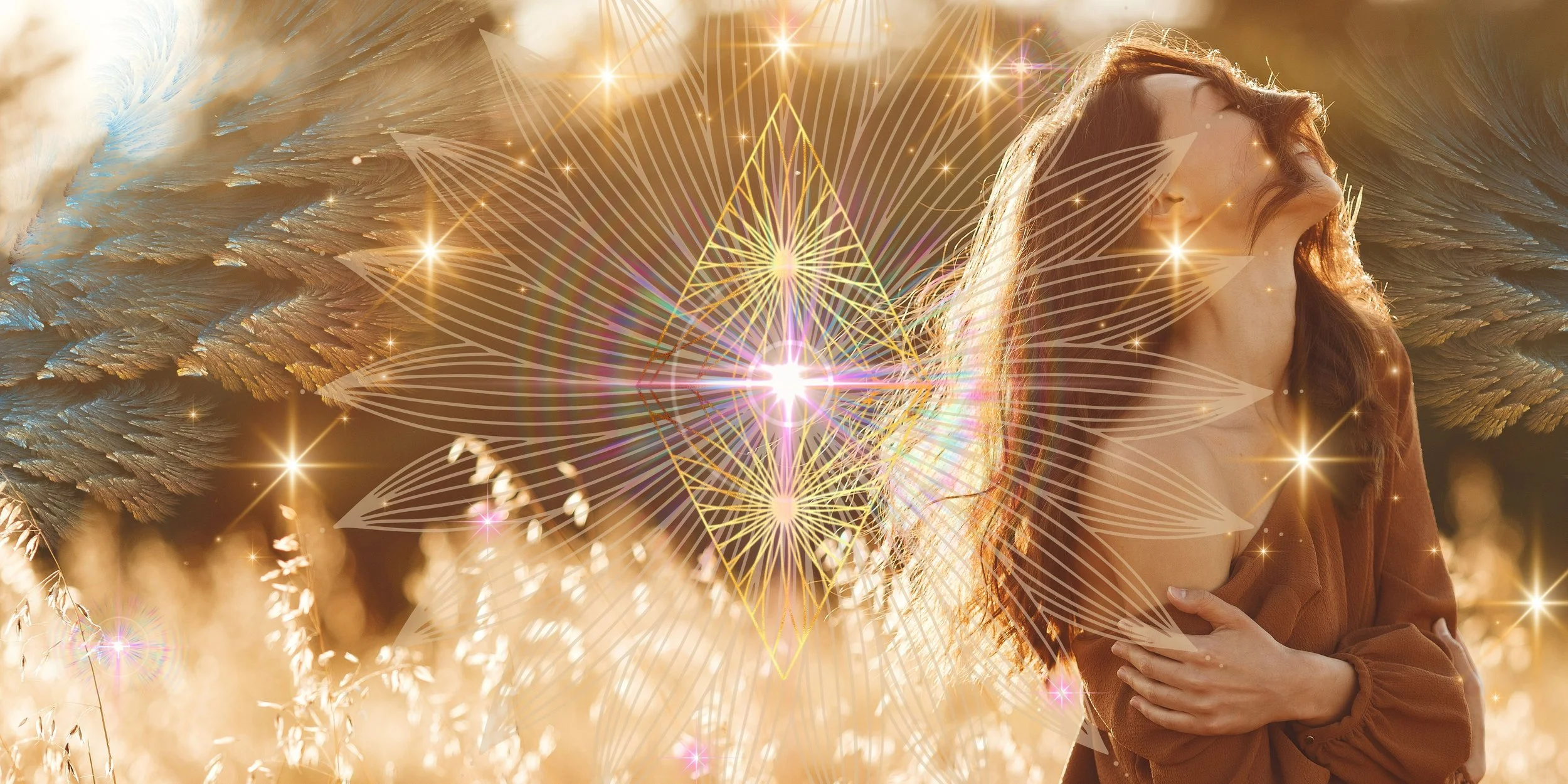 Amala Rose, Somatic Experiencing Practitioner, ascension guide, energy healing, sound healing, therapeutic arts, spiritual mentor: Woman in a sunlit field with glowing magic light patterns creating Inner Alchemy transformation in the mentor arc