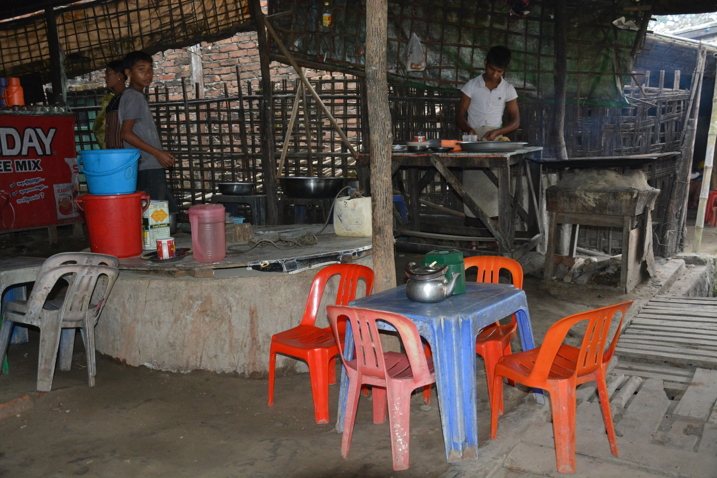 A typical street-side tea shop in Rakhine.
