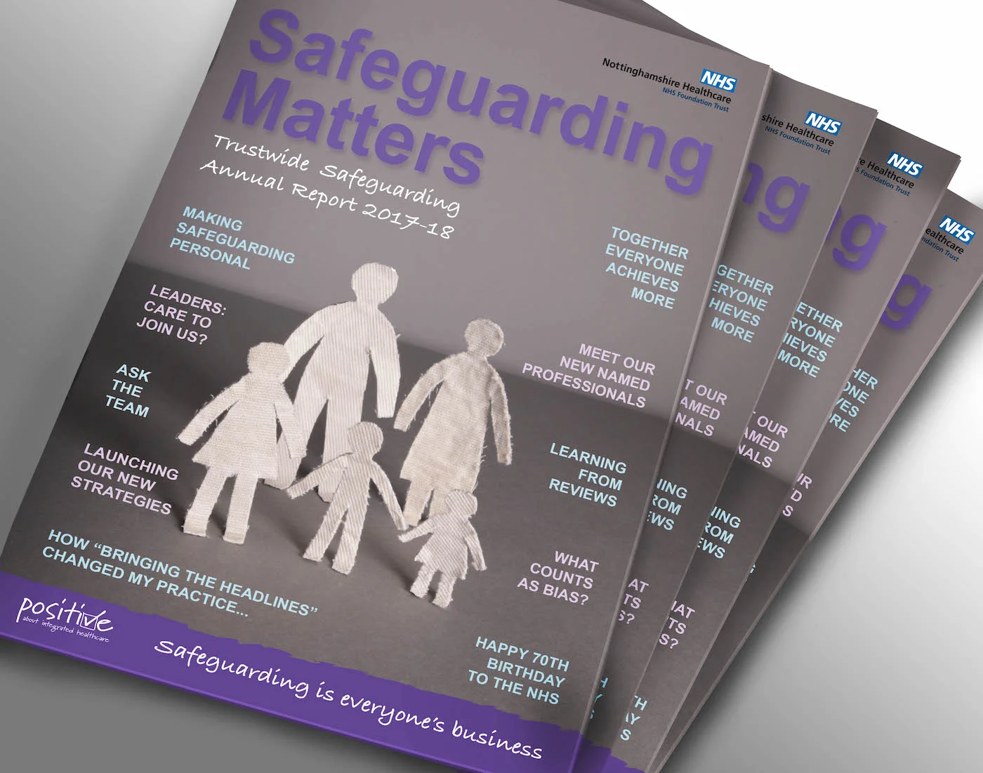 This brief was to create a magazine style annual report for an NHS Safeguarding Department. Trying to make safeguarding more accessible for all and offer content in a more manageable format in comparison to other annual reports. It was identified that the information was important and must be clear for users; to offer something formal but with a more human touch.
