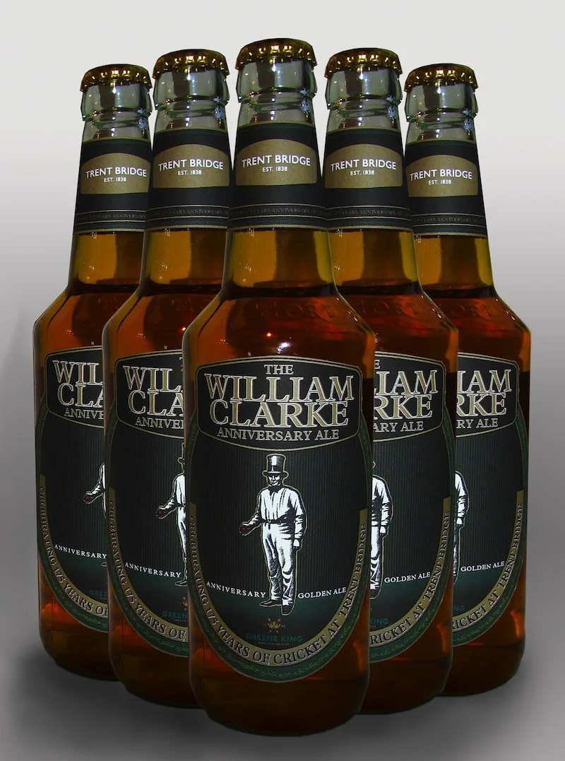 The limited edition 'William Clarke Celebratory Ale' was created specifically for the 2013 Ashes held at the world renowned Trent Bridge Cricket Ground. The packaging reflects a premium, traditional style with the wreath circulating the label representing Willow trees used to create English cricket bats. Illustration courtesy of Trent Bridge.