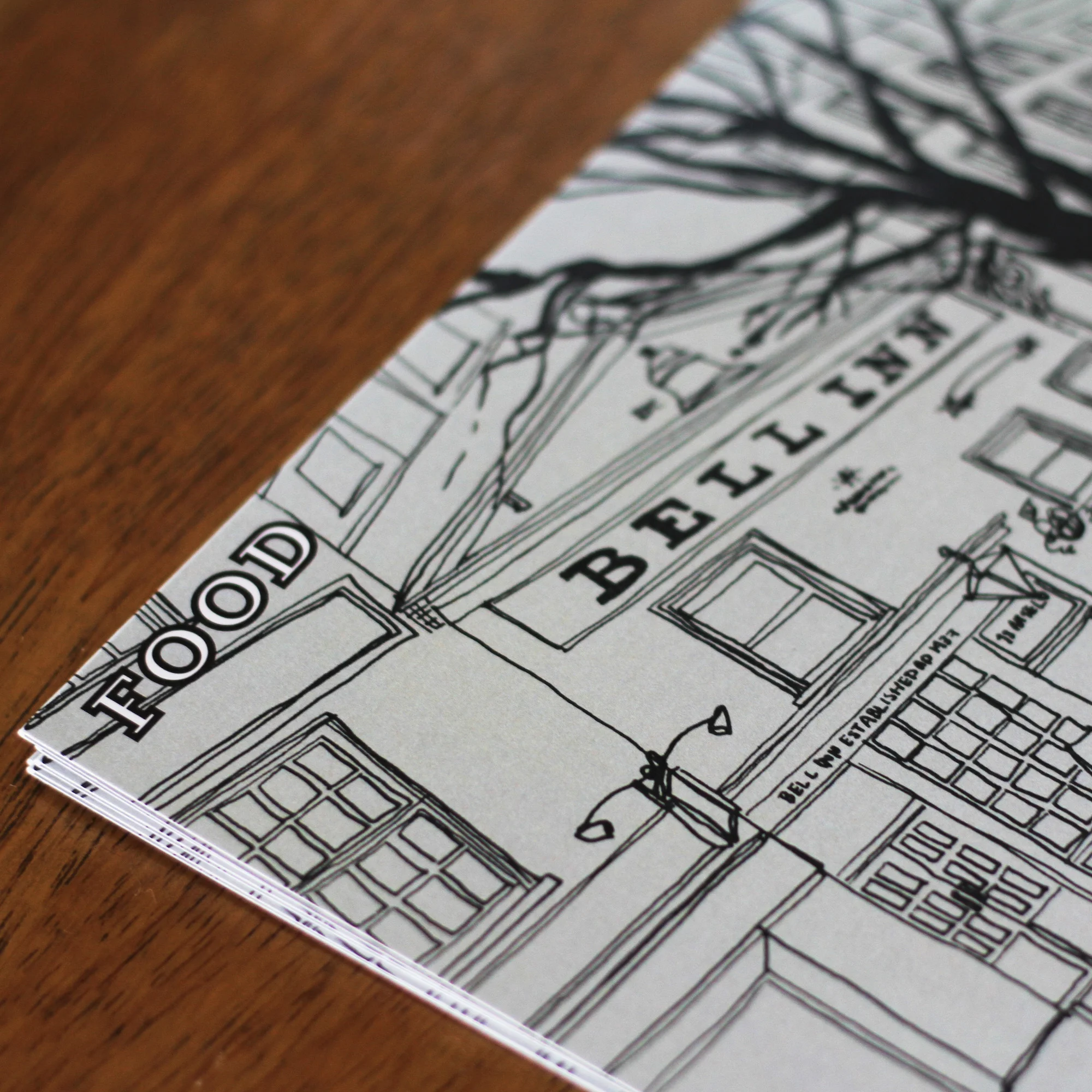 For this brief the food and drink menus' needed to fit together inside menu holders. To accomplish this we created one illustration that spreads across both menu covers. This drawing focused on the intriguing historic building façade. For the promotional material, a set of illustrations using a muted palette were created with one distinctive theme.