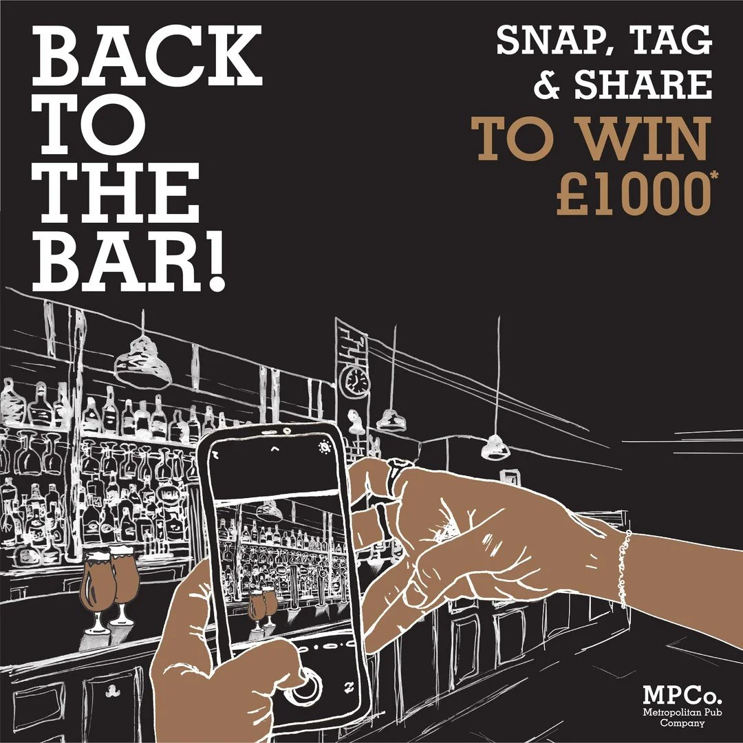 We've been busy creating some artwork for this campaign.... To celebrate reuniting back at the bar, MPCo. are giving you the chance to WIN a &pound;1000 Metro gift card, it&rsquo;s simple:

SNAP - a photo of yourself, a group shot, a drink at a bar, 