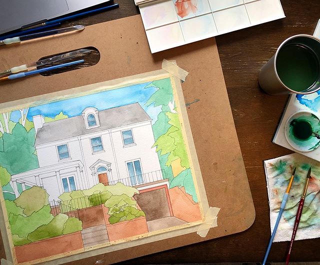 Sharing the humble beginnings of my latest house portrait commission! I call this &ldquo;phase 1&rdquo; (after the drawing phase of course) where I get to mix all the base colors together and just get them on the blank paper. I love all the stages of