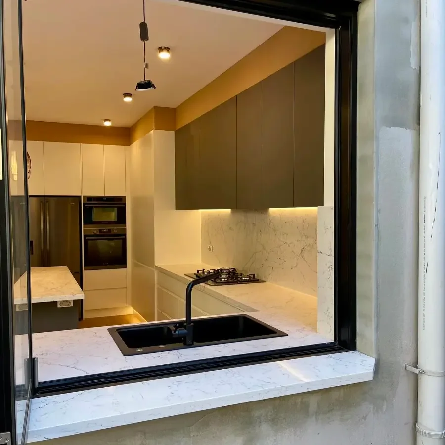 Newly renovated kitchen with a window to the outside