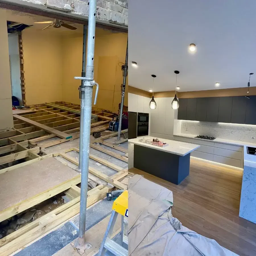 Split image with the construction site and then finished kitchen shown