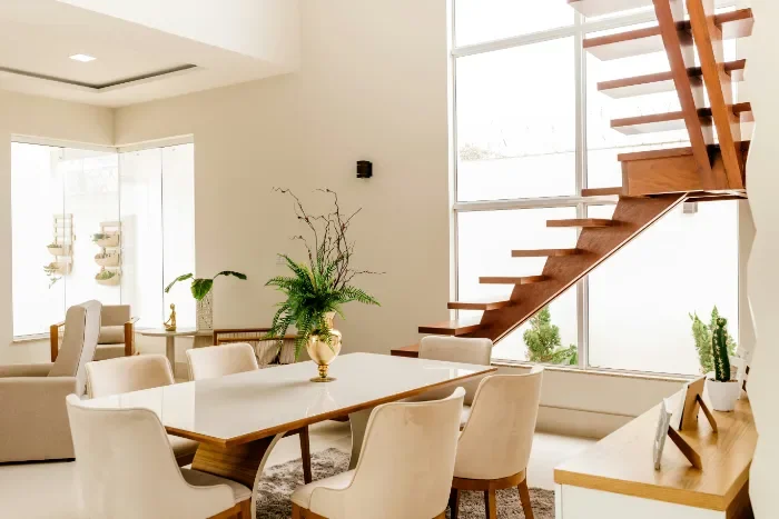 Renovated living and dining room with timber stairs