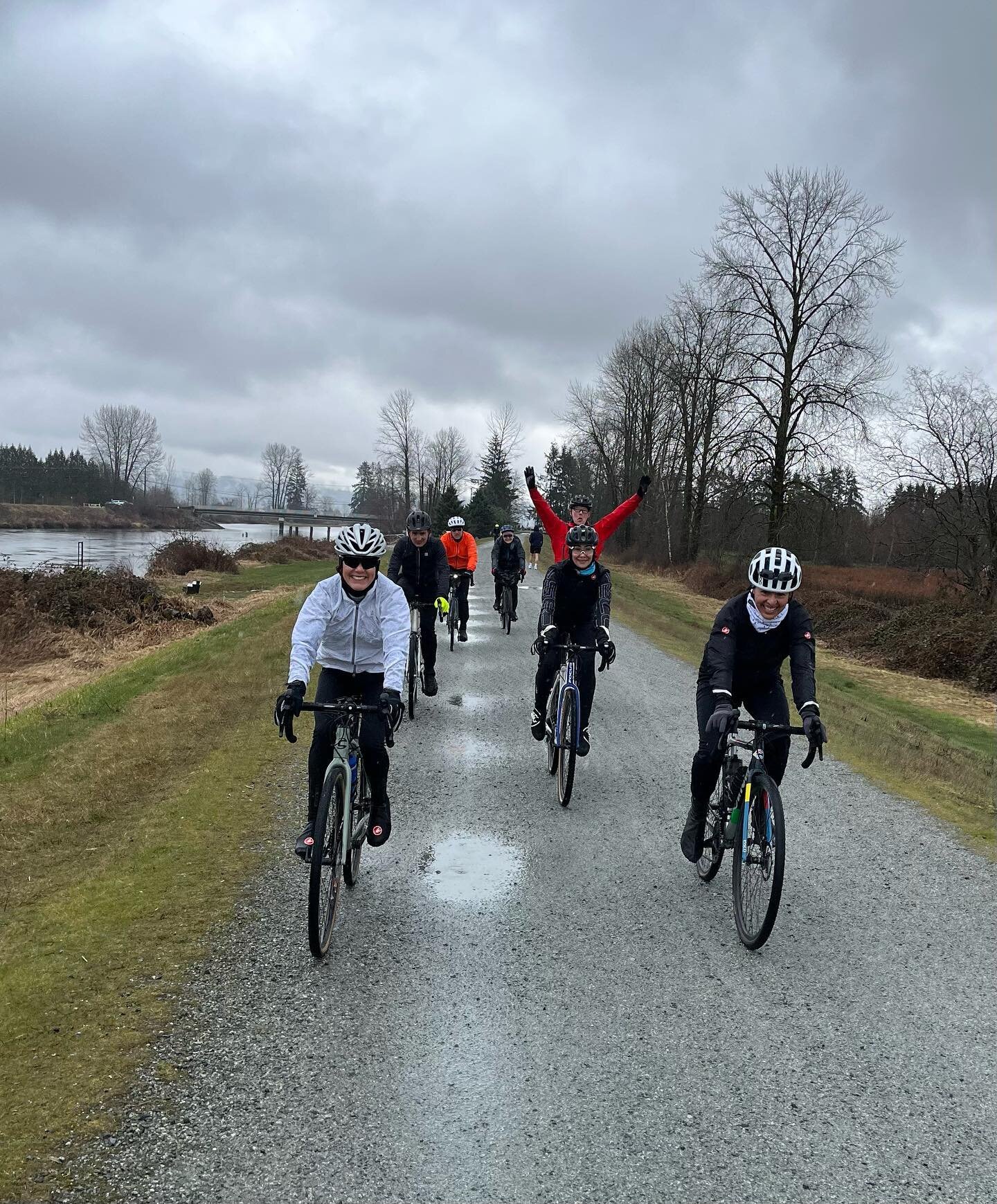 An intrepid LC3 crew on a wet Saturday Pitt River cruise. Some times bad choice have fun consequences! #gravelride #cyclingbc #lakecitycycleclub