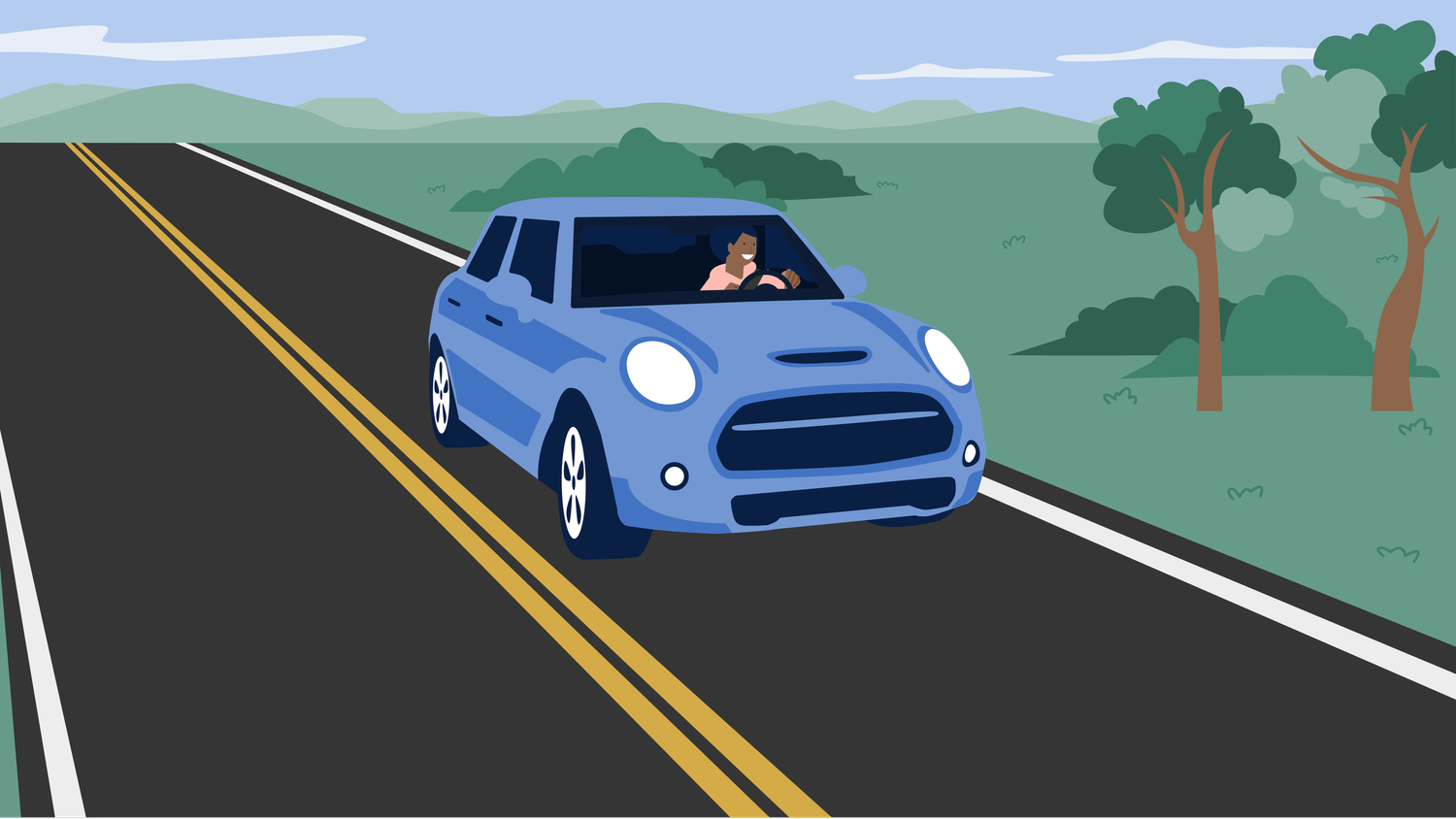 Stephanie driving a blue car through an illustrated landscape