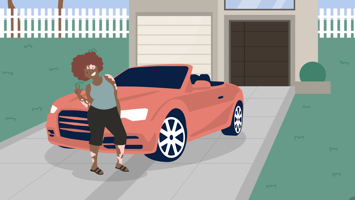 Janay beside a coral car outside her home