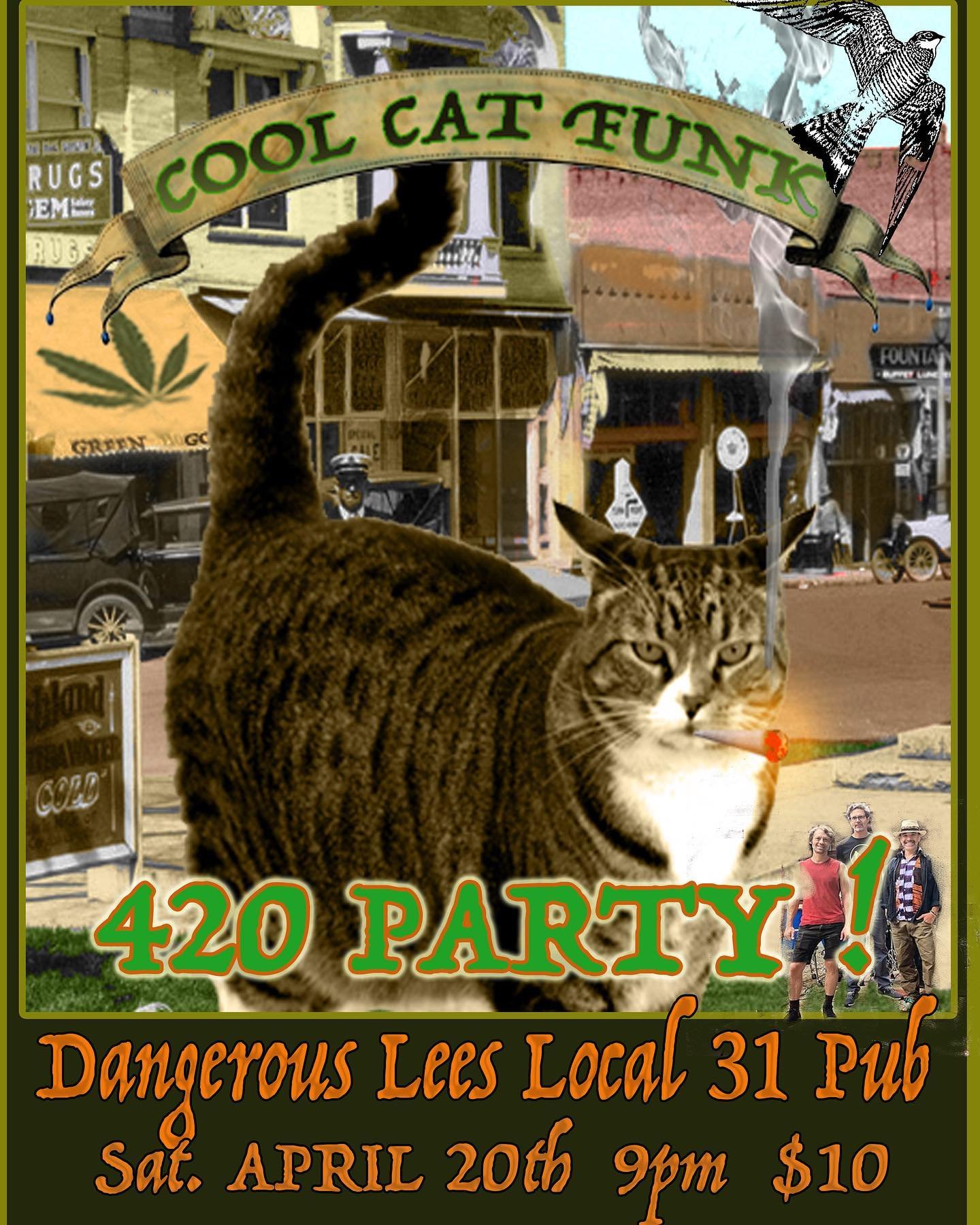 This 4/20,  We will be Live in Ashland town;  come on out and Blaze one to the Song with us @local31pub! 🔥⚡️🏝️😸. Wear your Cool Cat Funk shirt for half off at the door 🤙🏽
 

#southernoregonmusic 
#roguevalleyoregon 
#420
#coolcat
#dancing 
#blaz