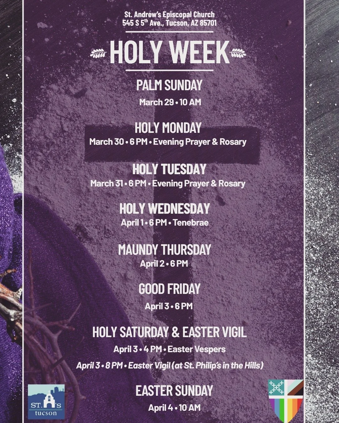 Holy Week begins Sunday, March 29 with Palm Sunday. We offer a number of services throughout the week as we prepare to walk with Christ in the midst of His Passion, to prepare our hearts to mourn His crucifixion and death, and to celebrate the wonder