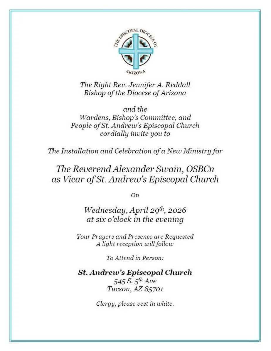 Please join us on Wednesday, April 29 at 6:00p for the installation of Fr. Alex as Vicar of St. Andrew&rsquo;s! This is a joyous occasion where the Bishop recognizes the ministry of our Vicar, all are welcome!