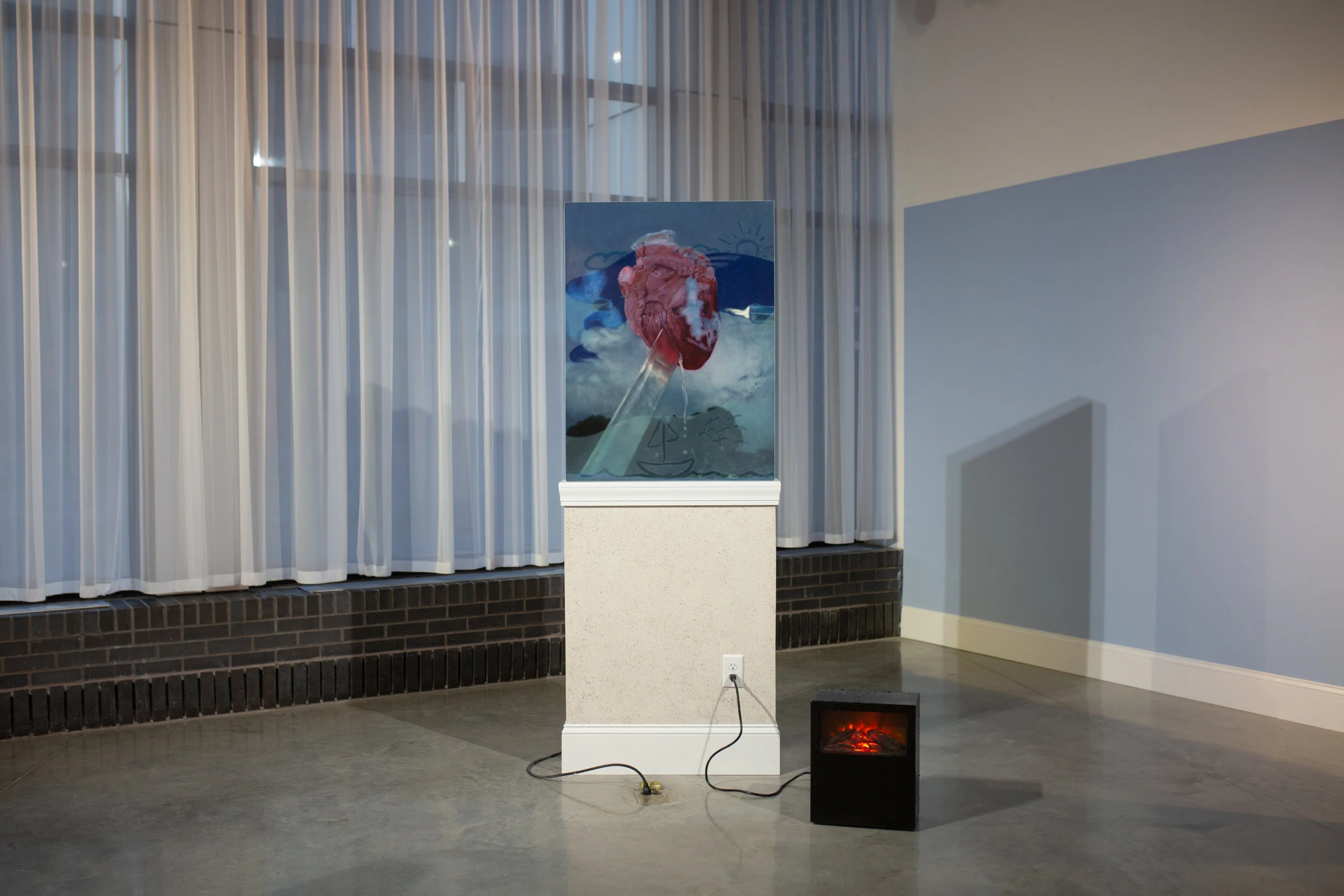 Heart Attack - oil on panel, with custom pedestal and electric fireplace - 80 x 30 x 6 in.