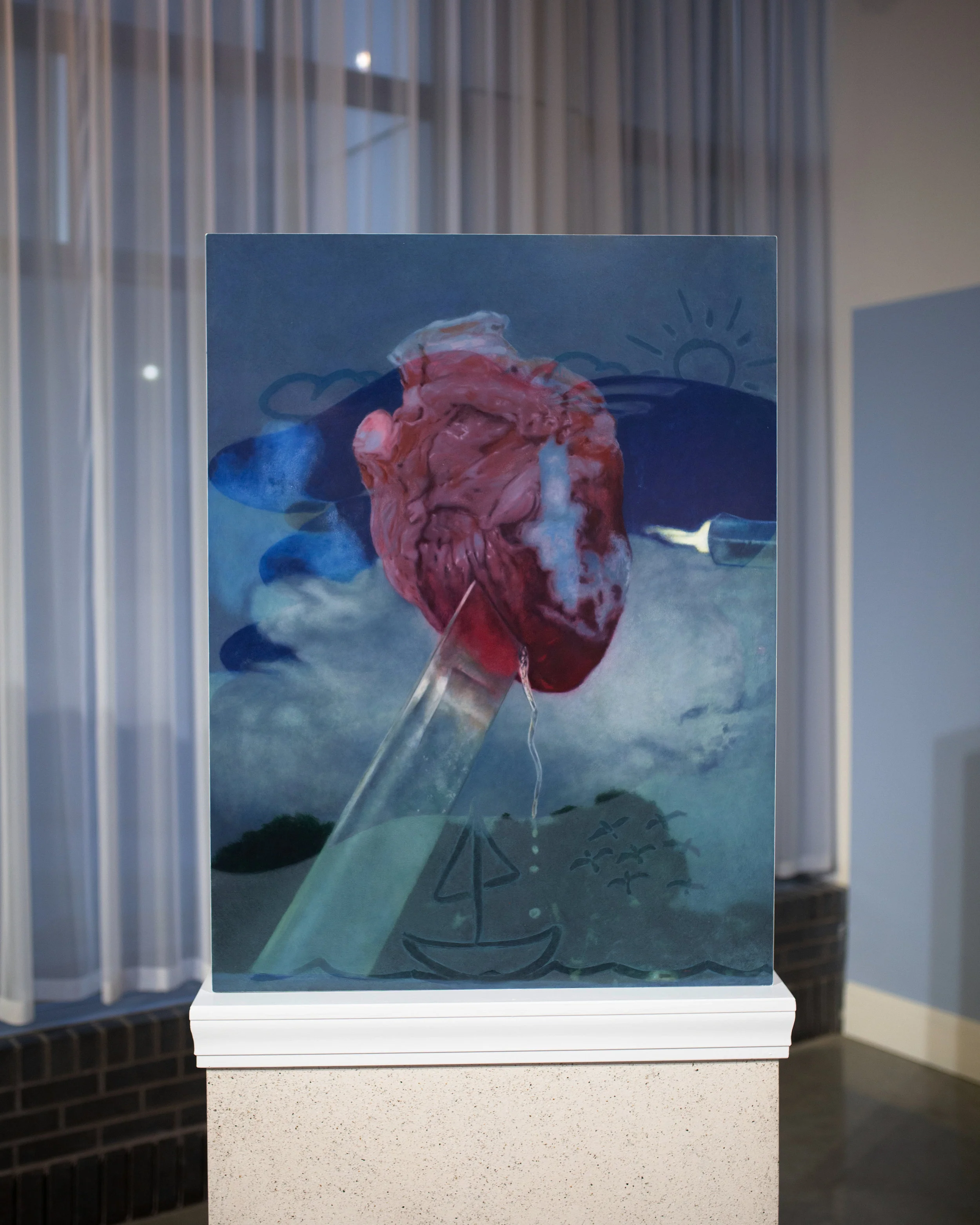 Heart Attack - oil on panel, with custom pedestal and electric fireplace - 80 x 30 x 6 in.