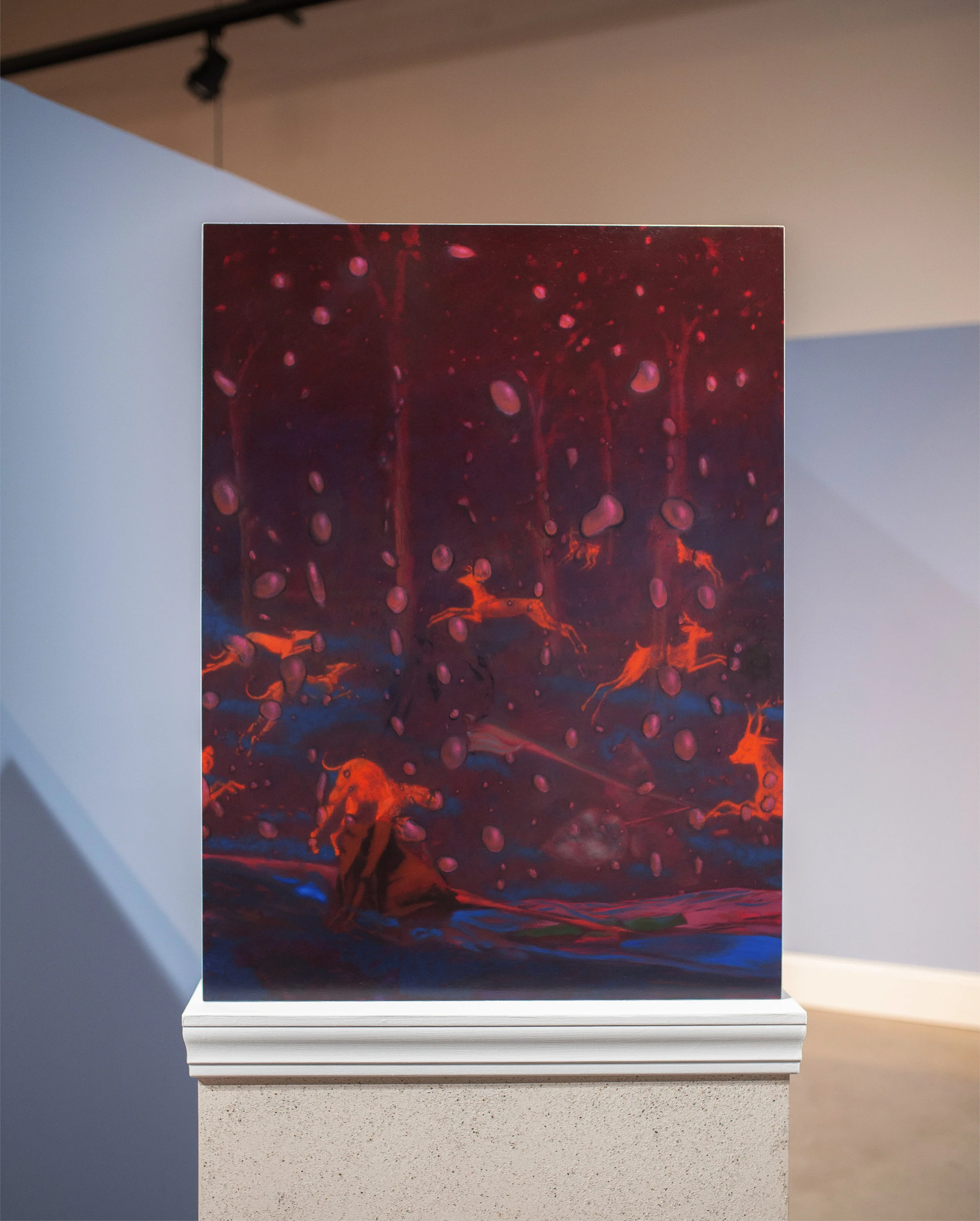 Wine Time - oil on panel, with custom pedestal and electric fireplace - 80 x 30 x 6 in.