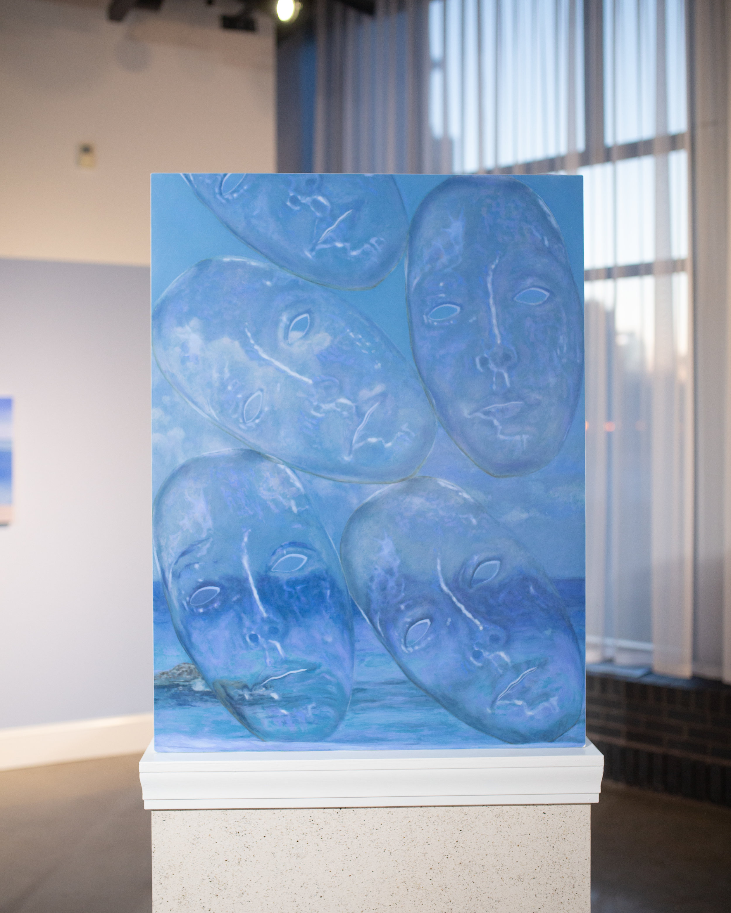 Seaside - oil on panel, with custom pedestal and electric fireplace - 80 x 30 x 6 in.