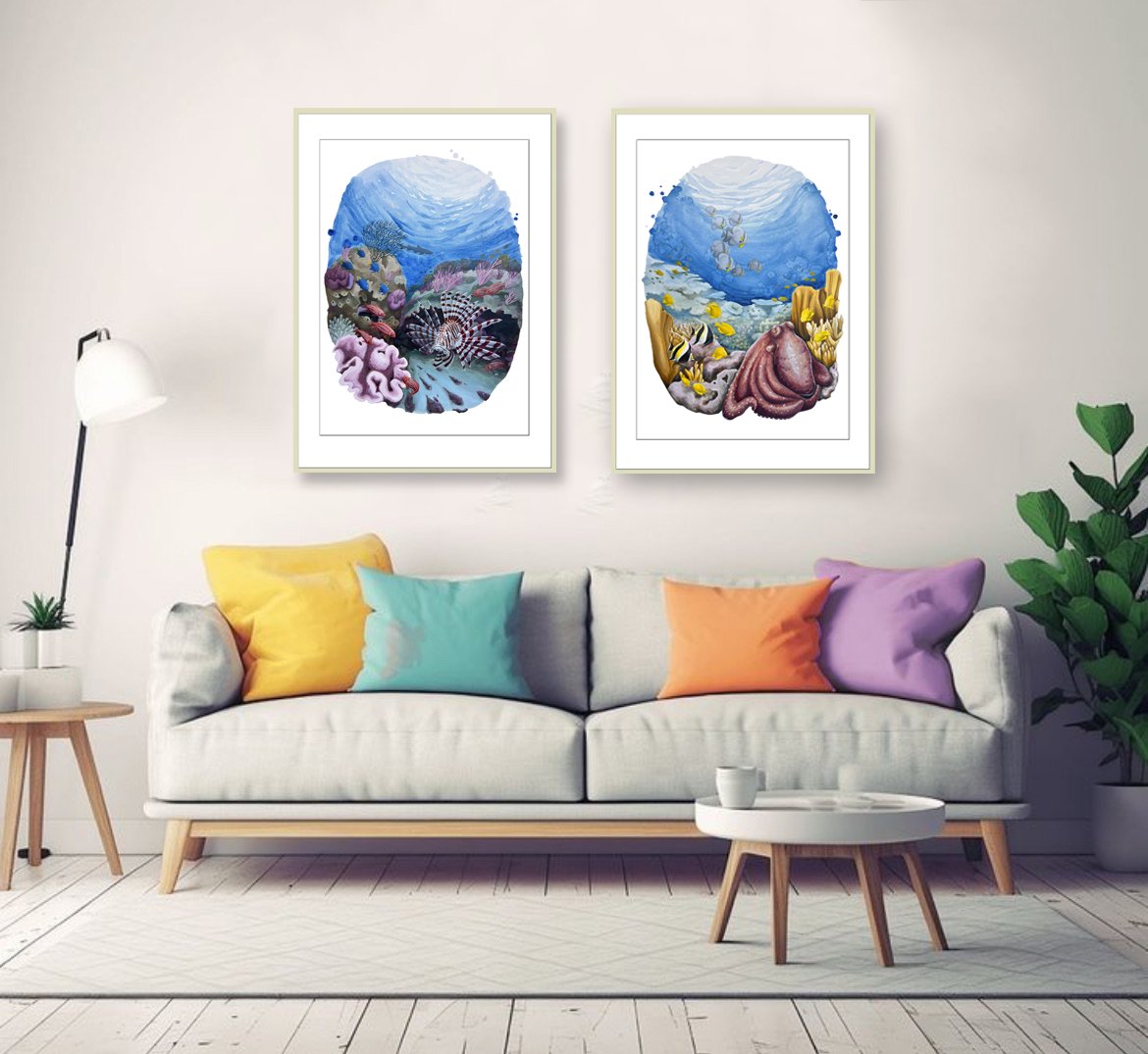 Lionfish and Octopus colourful cushion lounge.jpg