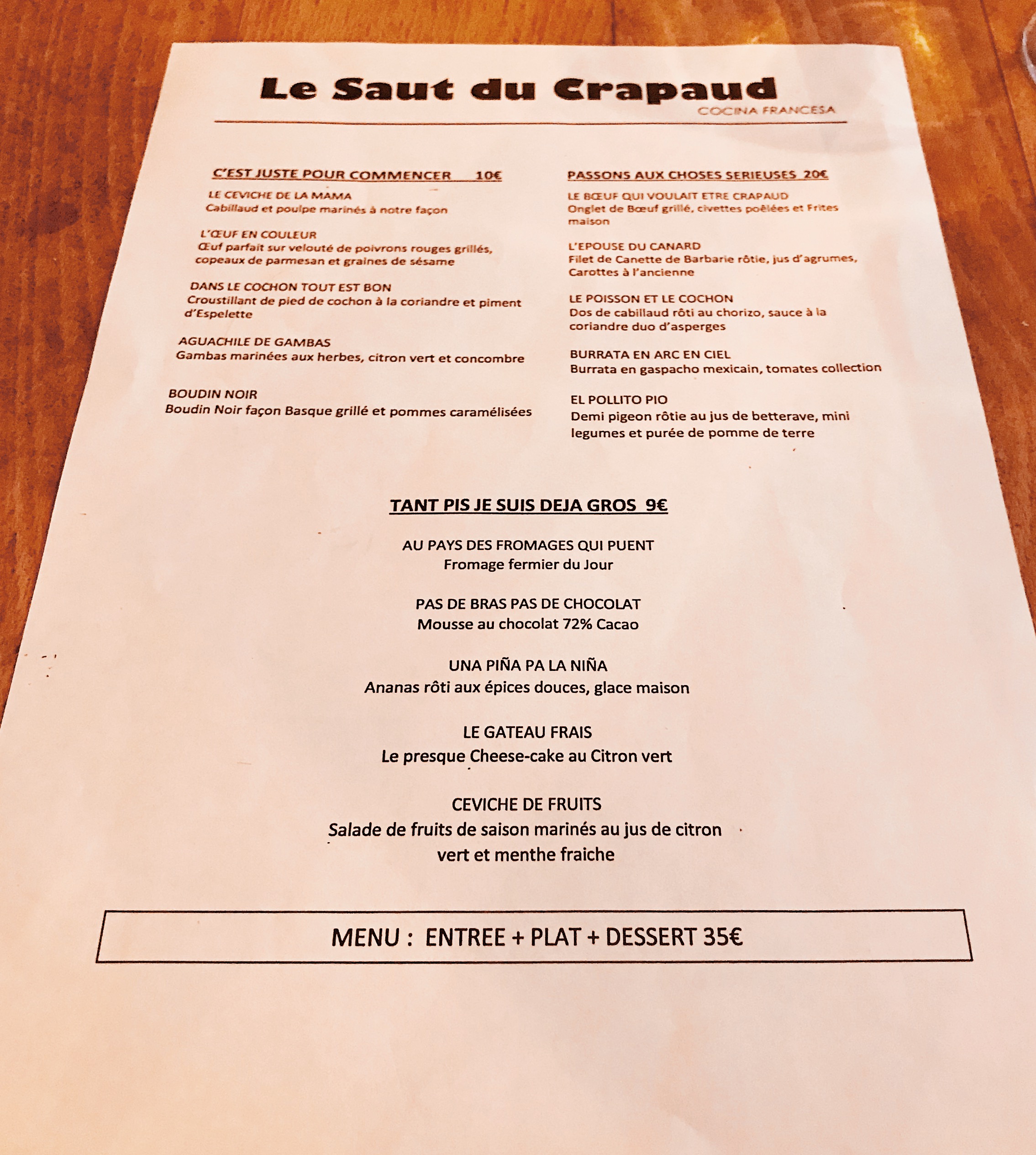 Le Saut de Crapaud Menu
