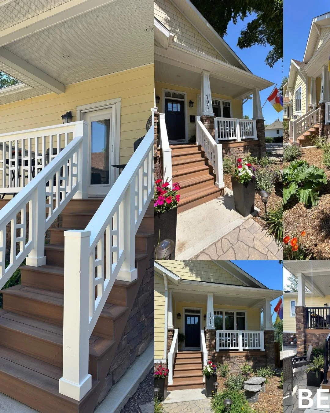 Traditional craftsman style outdoor deck railing built in solid wood and painted white to match windows and trim on this cute house 🤍💛 This custom railing was a whole lot of work, but the result was worth it. We are BIG fans of adding character to 