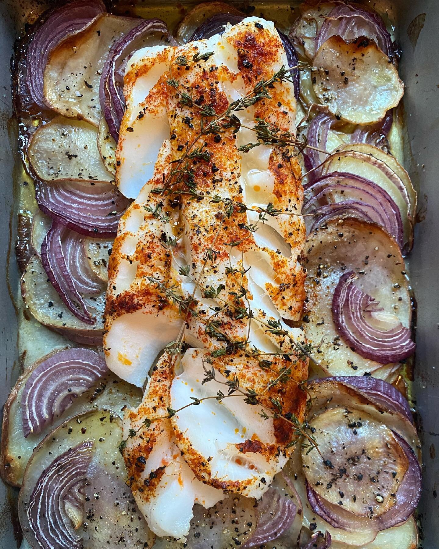 Cod and potatoes are a perfect pair. Roast thin-sliced potatoes and onions tossed in EVOO, salt &amp; pepper @400 for 40 min then place cod on top, more EVOO, salt &amp; pepper, sweet paprika &amp; fresh thyme, raise heat to 425 and roast another 15 