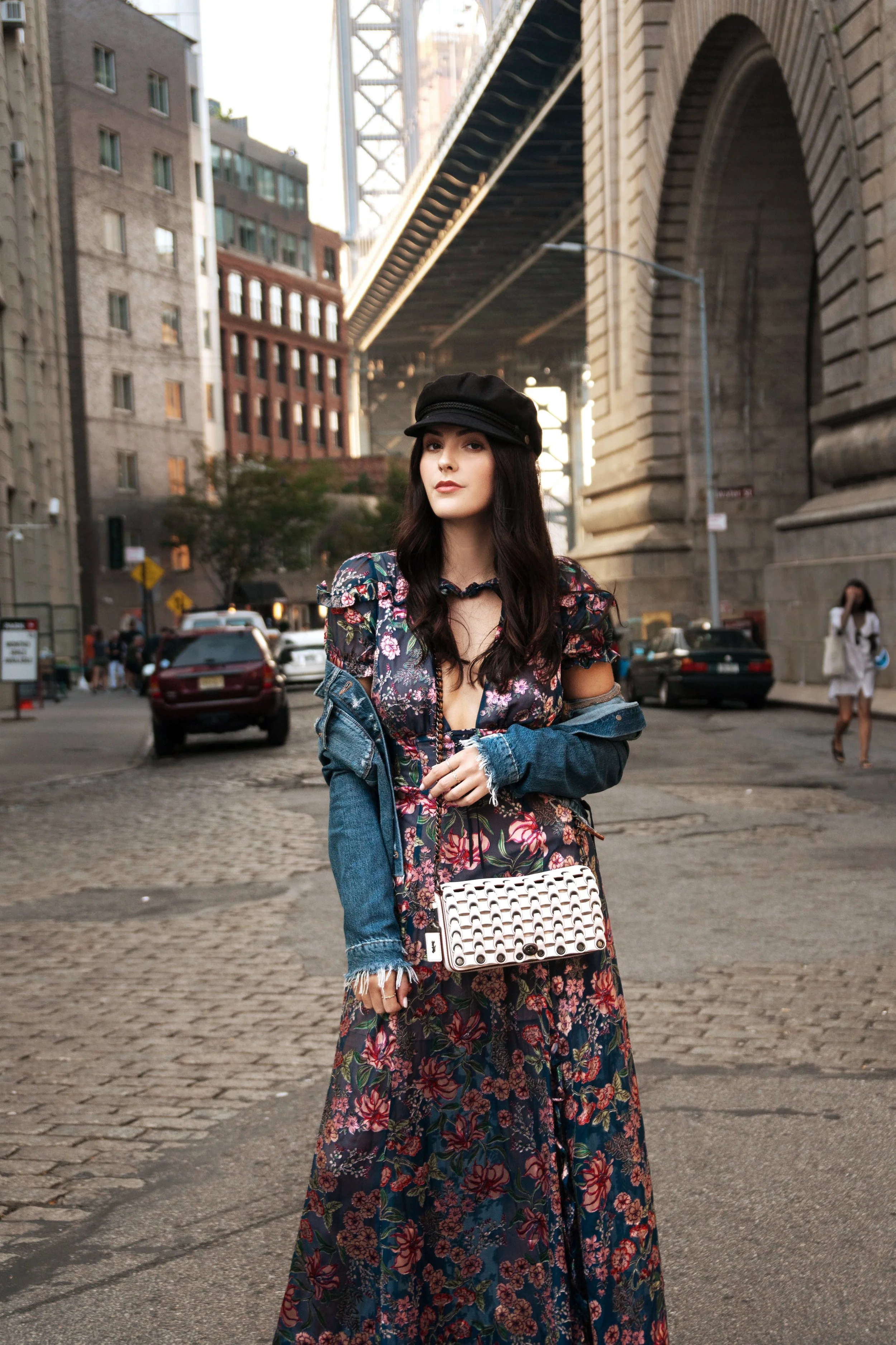 5 Places to Take a First Timer in New York | Dumbo. Brooklyn | For Love & Lemons Flora Dress, Paige Jacket, Dear Frances Boots, Coach Dinky Bag.