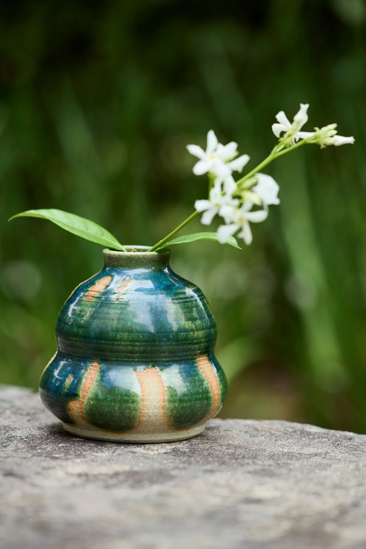 Vessel: Wheel thrown vase, fired in oxidation - Oribe glaze (2023) Flower: Jasmine (Summer) Image: Andrew Sikorski