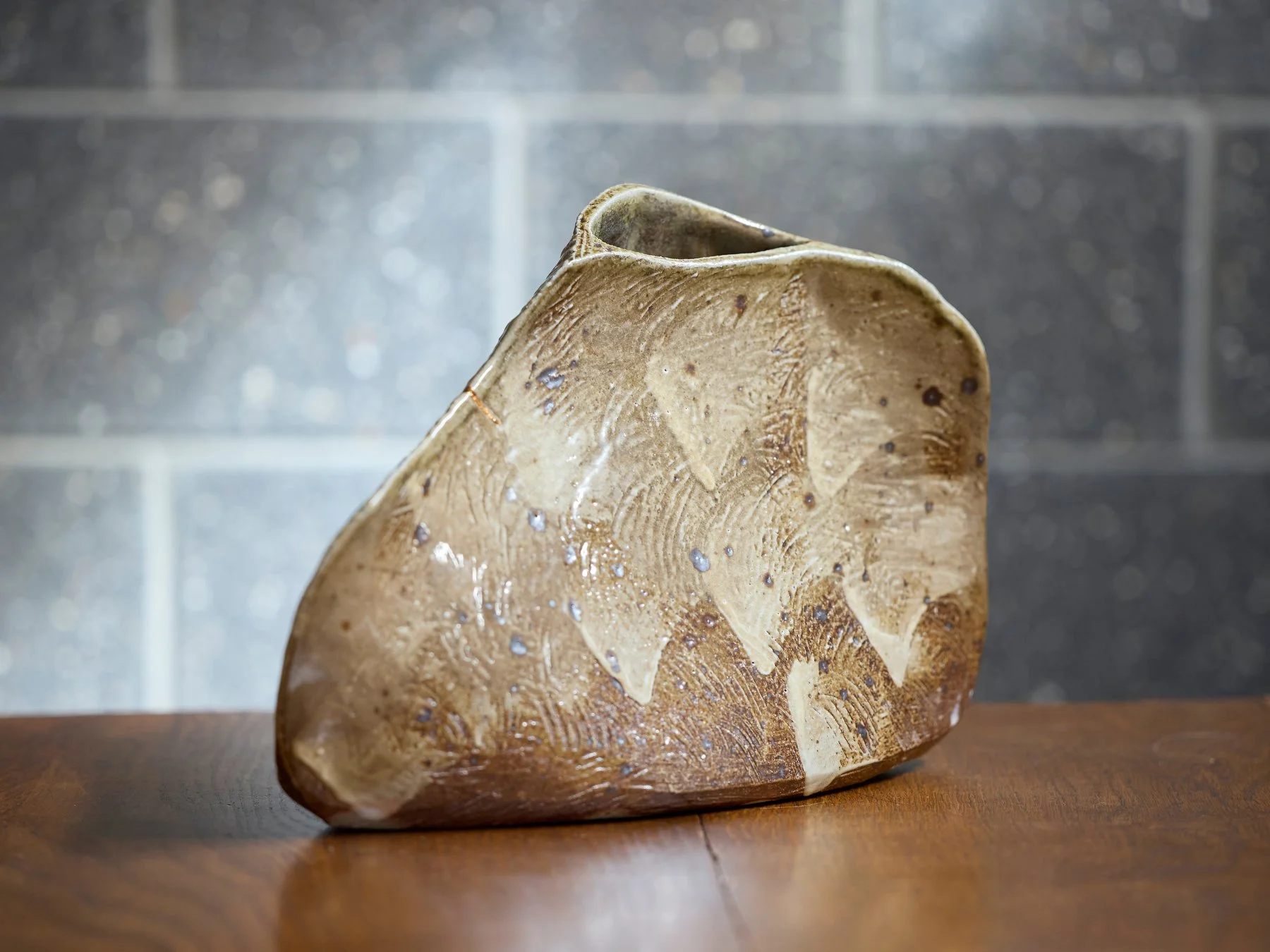 'Brindabella snows' Sculptural vase: Hand-built; salt-fired - Porcelain slip and Shino glaze (2025)