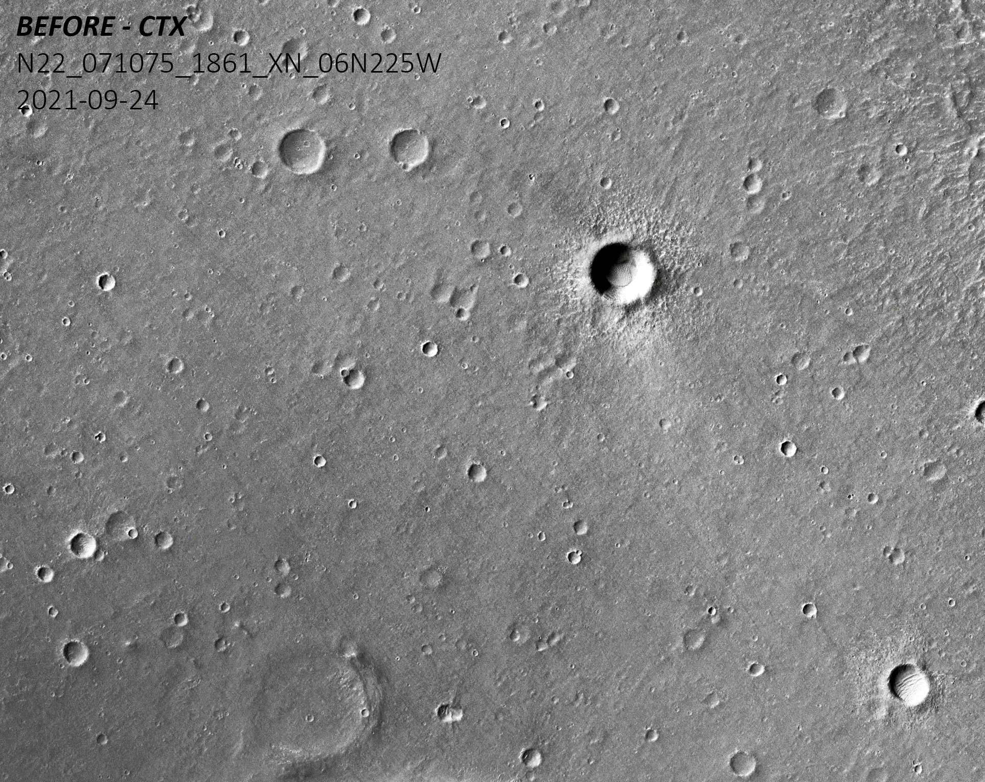 Animation showing before (CTX image) and after (CaSSIS image) the S1034a impact event.