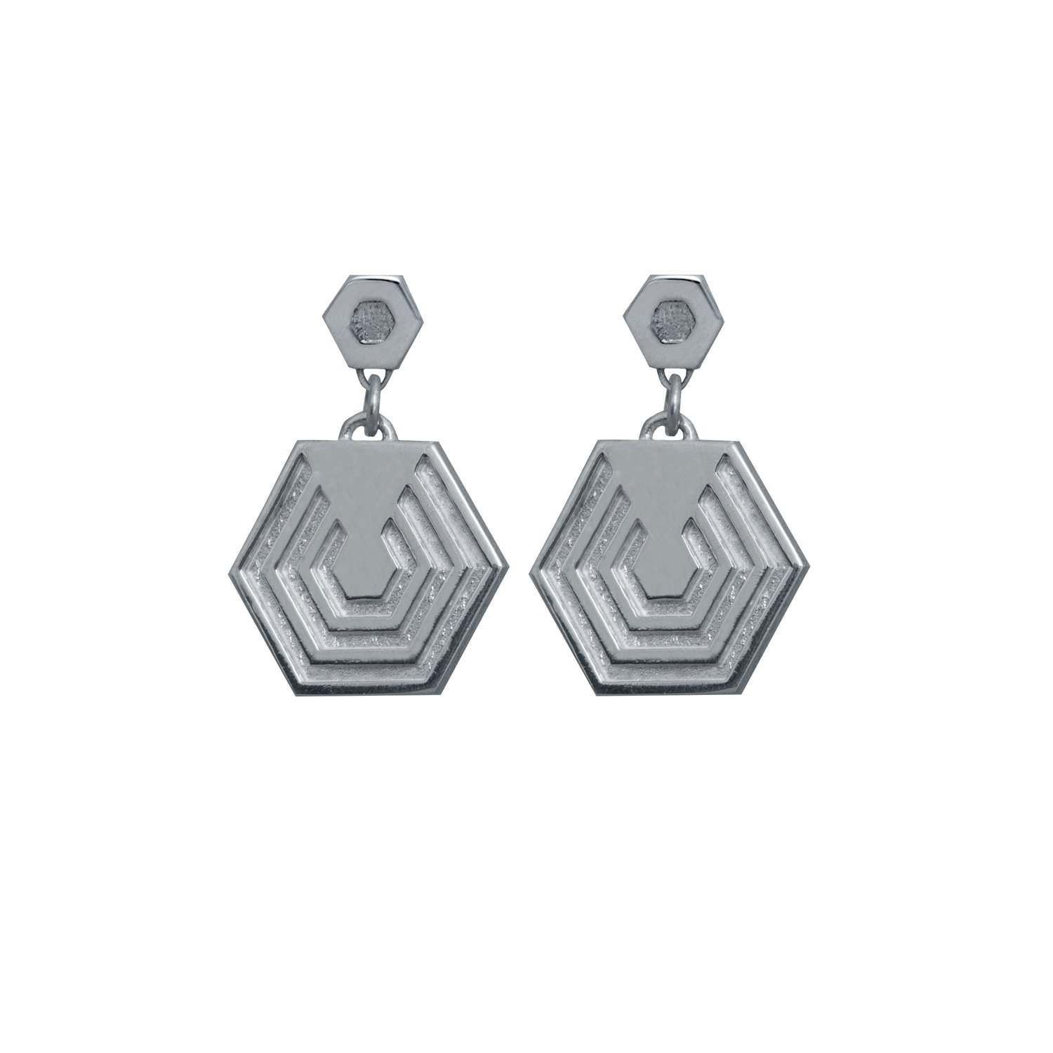 Hexagon Drop Earrings, Polished Sterling Silver, Edge Only.