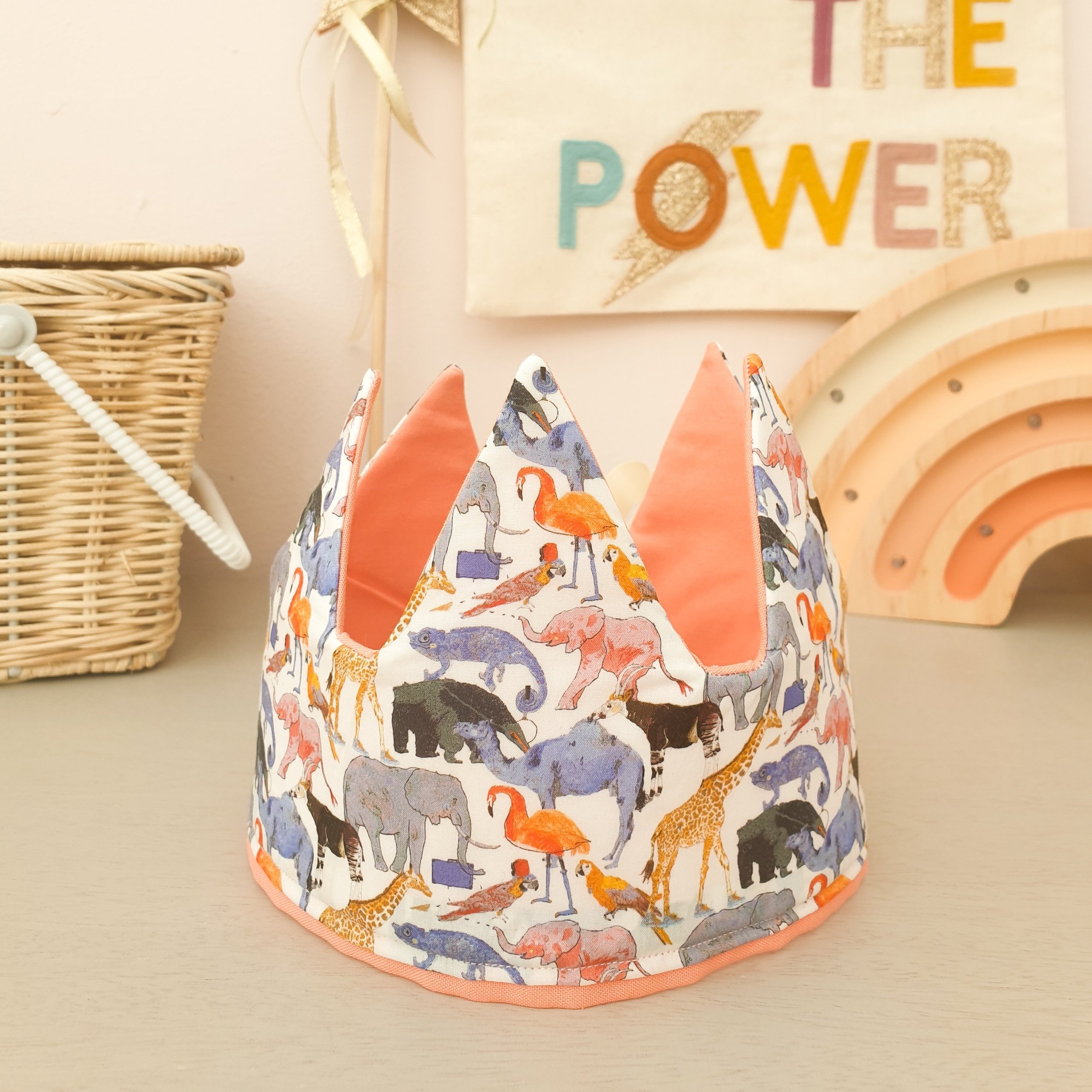 Handmade children's crown with Liberty zoo fabric.