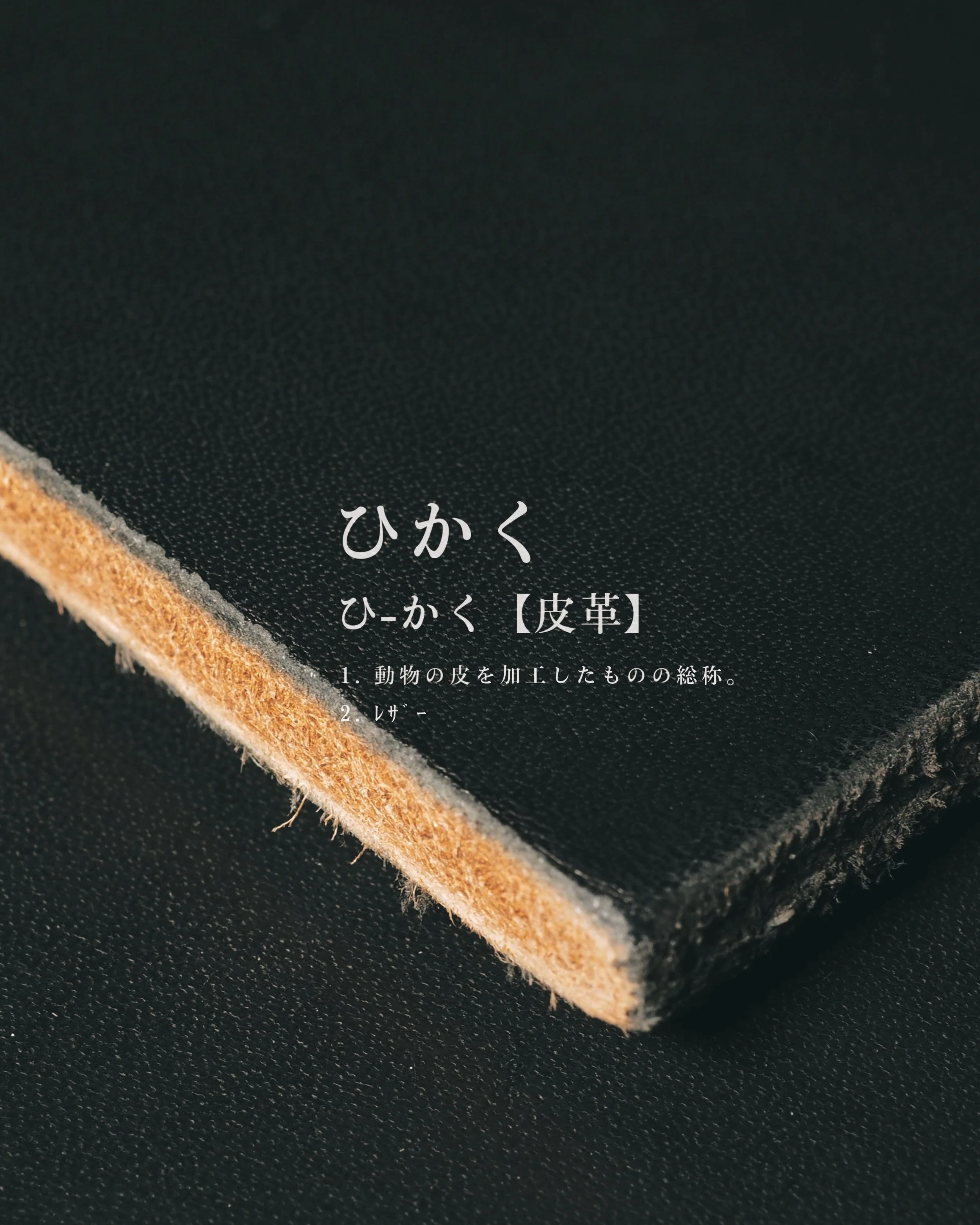 Close-up and cross-sectional photographs of the leather, along with a description of the material as referenced in leather dictionaries.