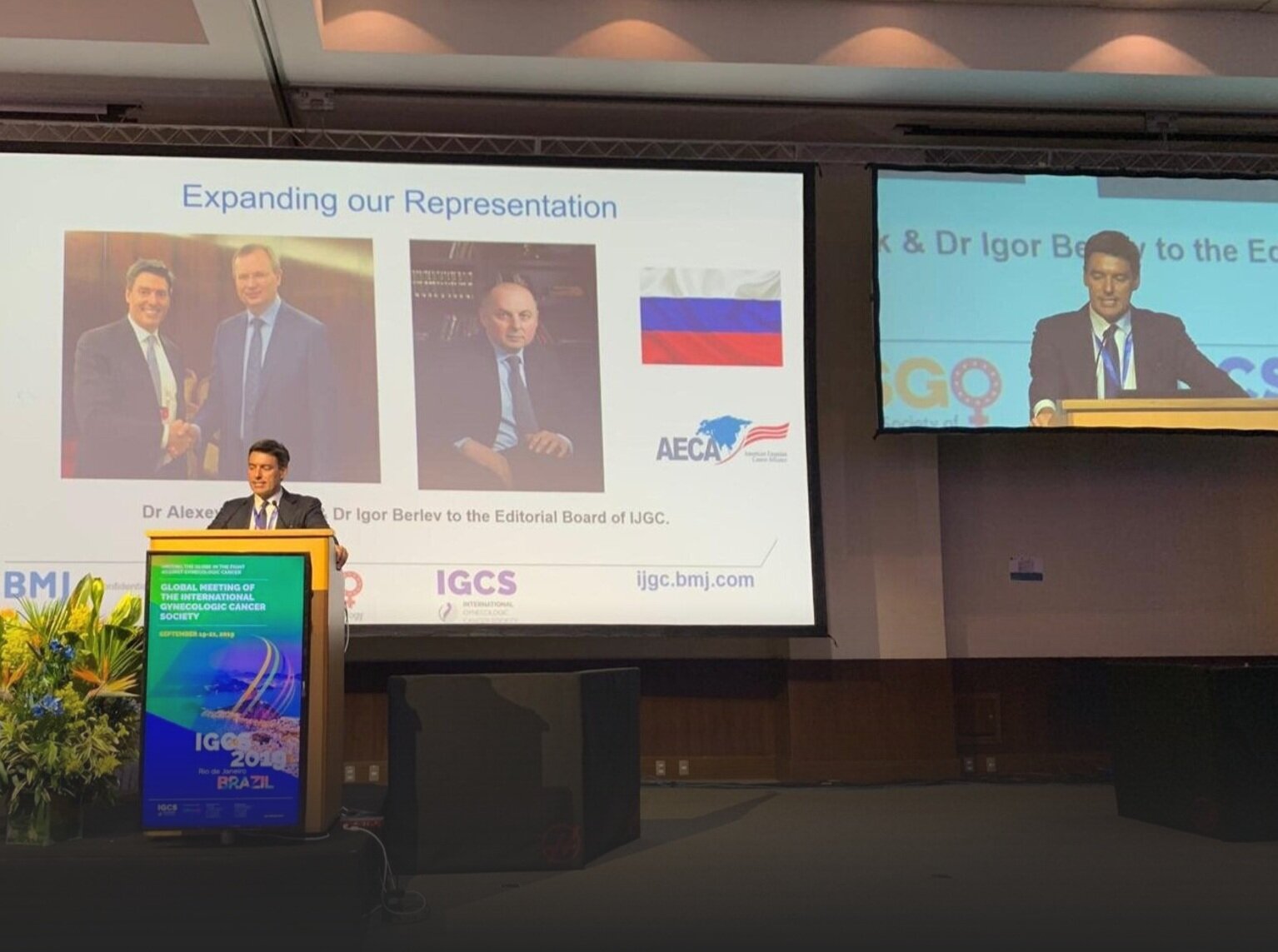 2019: Dr. Pedro Ramirez (MD Anderson) presents AECA-launched Russian strategic partnership at IGCS Annual Global Meeting in Rio de Janeiro, Brazil