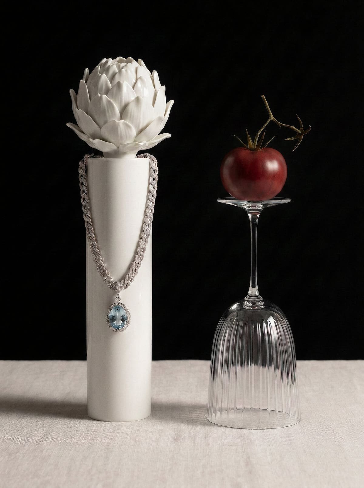 Luxury jewellery still life, artichoke and porcelain editorial concept, Chi-Young Bang Studio