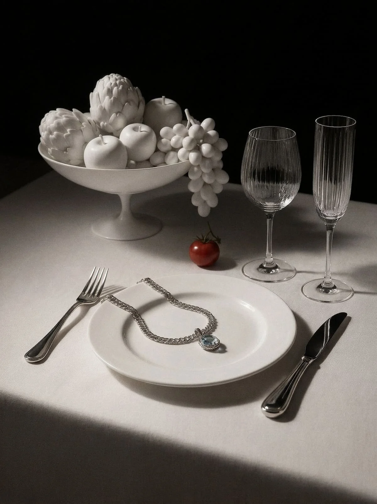 Editorial still life photography, luxury tableware with jewellery, Chi-Young Bang Studio