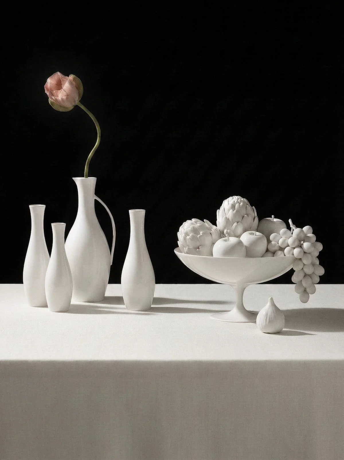 Fine art still life, white porcelain with botanicals and fruit, Chi-Young Bang Studio