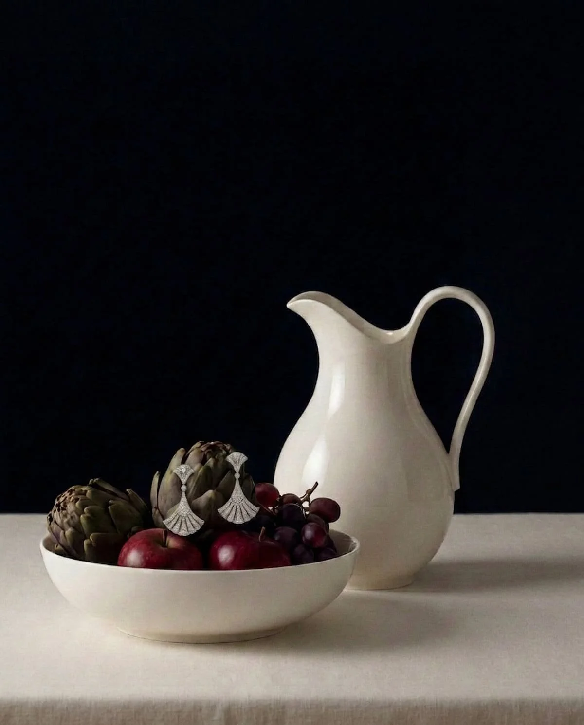 Noir still life photography, luxury art direction white porcelain, Chi-Young Bang Studio