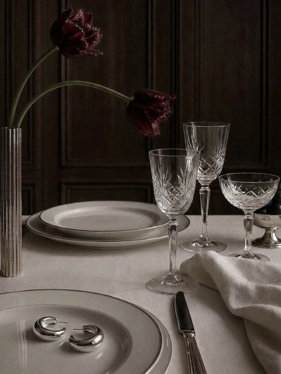 Art deco still life editorial, crystal glassware and dark botanicals, Chi-Young Bang Studio