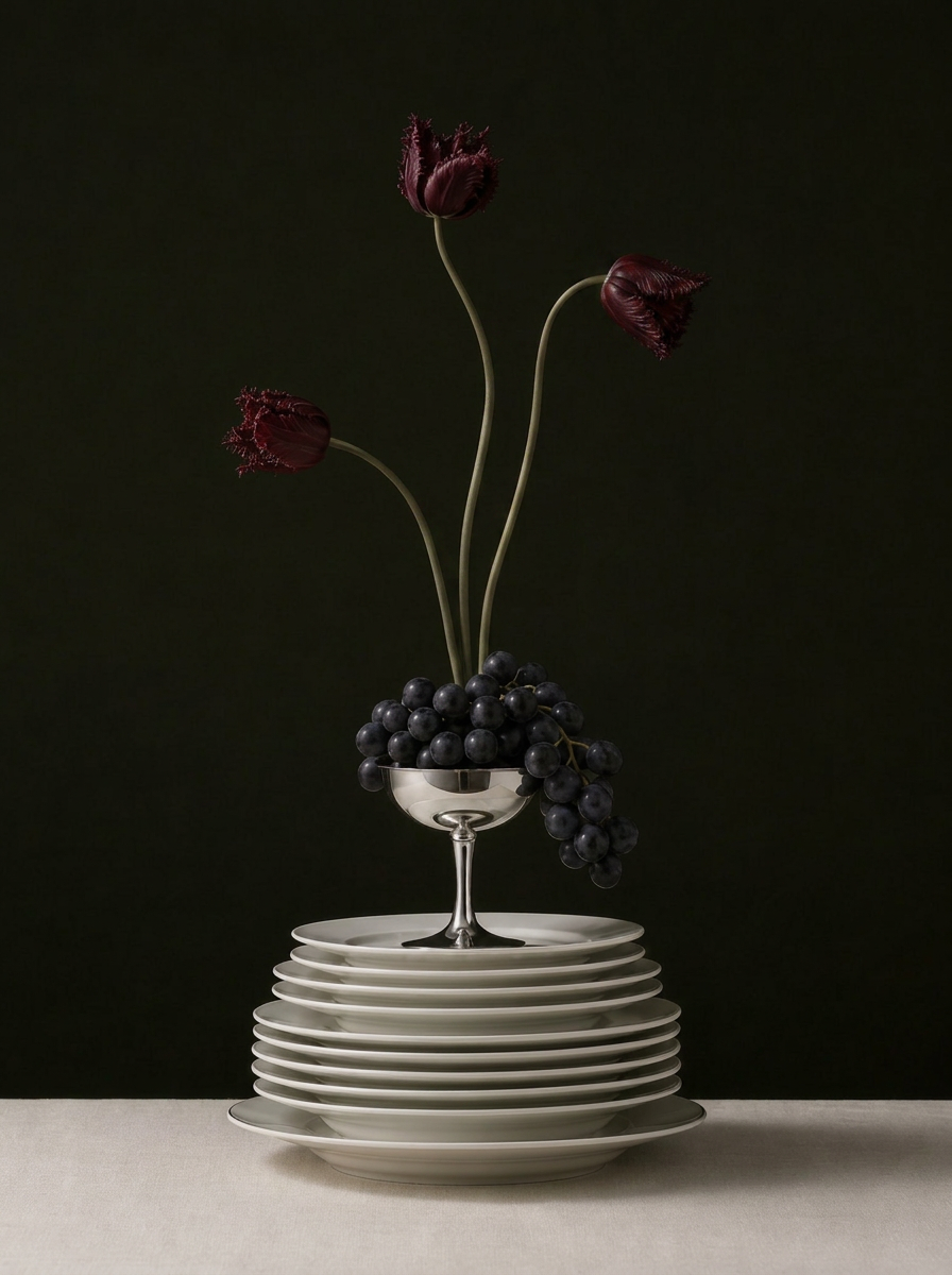 Fine art noir still life, porcelain and dramatic florals, Chi-Young Bang Studio