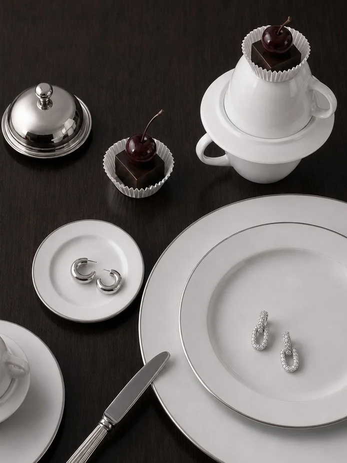 Luxury tableware still life, fine art porcelain with jewellery, Chi-Young Bang Studio
