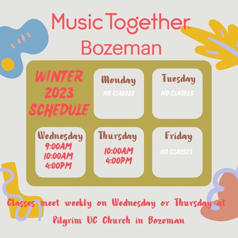 Reposting from our @musictogetherbzn account! Follow us there for info and updates about our Music Together Mixed Age Family Music Classes. ✨

Repost from @musictogetherbzn
&bull;
Our Winter Schedule has a NEW CLASS TIME! Wednesdays at 9:00am!

Make 